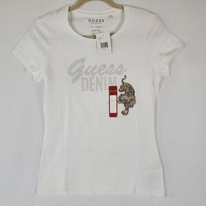 NWT GUESS Denim Los Angeles White T-Shirt with Tiger Logo Womens Size Large